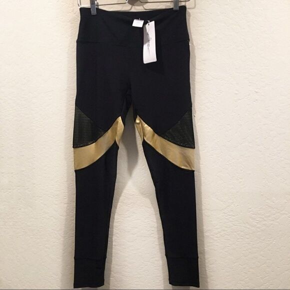Gottex Black Mesh Insert Gold high waist legging M - Picture 1 of 7